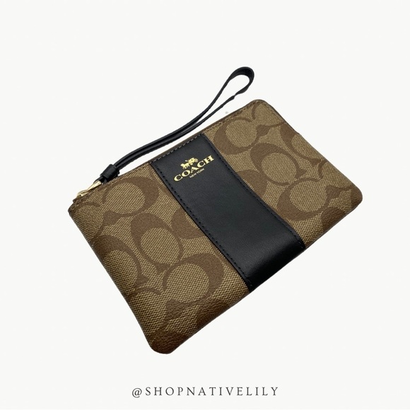Coach Corner Zip Logo Wristlet In Signature Canvas With Stripe | Khaki/Black - Picture 6 of 11
